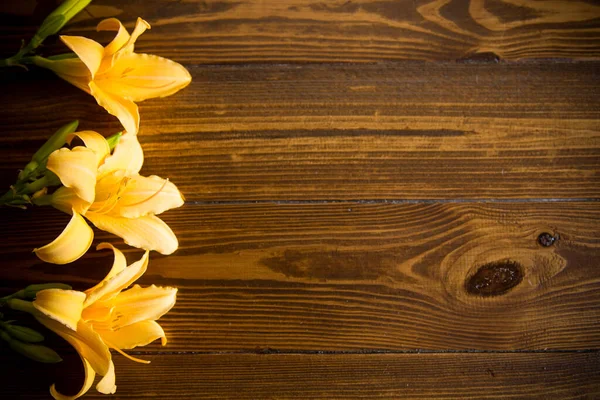 Bouquet Beautiful Yellow Lilies Dark Wooden Table — Stock Photo, Image
