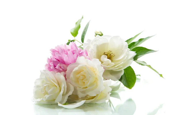 Bukiet Letnich Białych Róż Piwonii Izolowane Białym Tle — Zdjęcie stockowe
