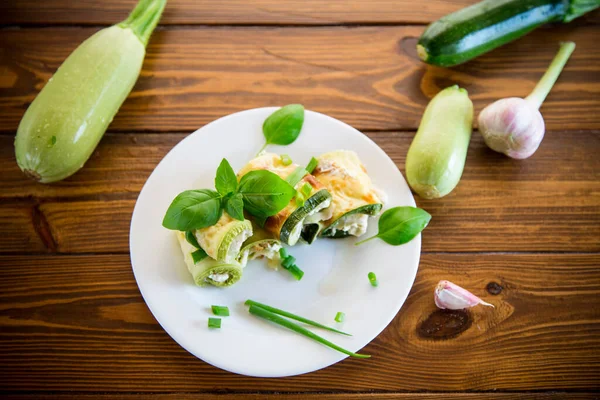 Cooked Zucchini Rolls Cheese Filling Plate Wooden Table — Stock Photo, Image