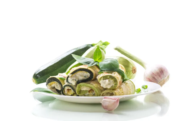 Cooked Zucchini Rolls Stuffed Cheese Plate Isolated White Background — Stock Photo, Image