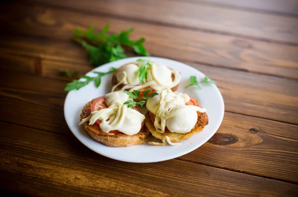 토마토와 모차렐라가 샌드위치와 허브가 접시에 모차렐라를 튀기는 — 스톡 사진
