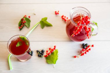Kırmızı ve siyah frenk üzümünden taze meyve suyu, açık ahşap bir masada.