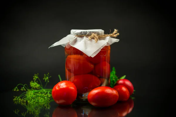 Canned Ripe Red Tomatoes Spices Large Glass Jar Isolated Black — Stock Photo, Image