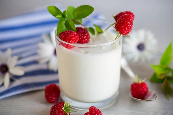 Süß Gekochter Hausgemachter Joghurt Mit Frischen Himbeeren Glas Auf Einem — Stockfoto