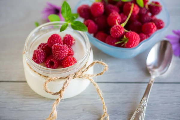 Sweet Cooked Homemade Yogurt Fresh Raspberries Glass Jar Light Wooden — Stock Photo, Image