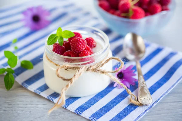 Zoete Zelfgemaakte Yoghurt Met Verse Frambozen Een Glazen Pot Een — Stockfoto