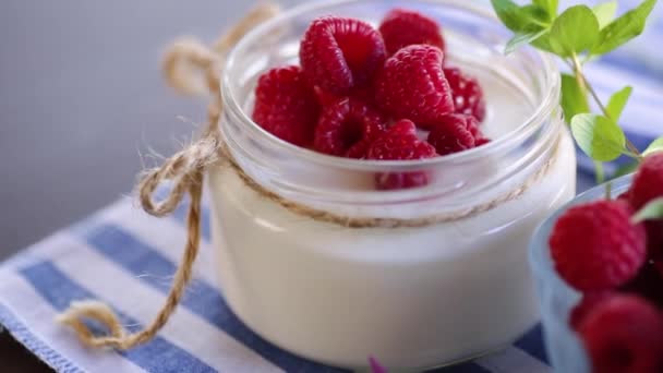 Süß Gekochter Hausgemachter Joghurt Mit Frischen Himbeeren Einem Glas Auf — Stockvideo