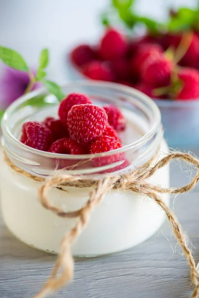 Sweet Cooked Homemade Yogurt Fresh Raspberries Glass Jar Light Wooden — Stock Photo, Image