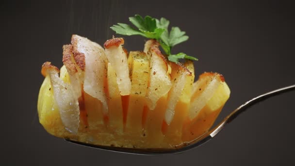 Przyprawy Posypane Gotowanymi Ziemniakami Nadziewane Smalcem Izolowane Czarnym Tle — Wideo stockowe