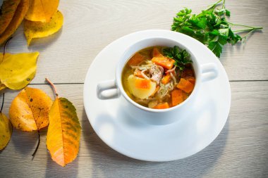 Tavuk, erişte ve sonbahar sebzeli sonbahar çorbası ahşap bir masada..