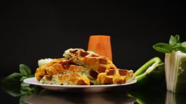 Kara arka planda izole edilmiş bir tabakta lahana ve havuçtan yapılmış iki renkli sebzeli waffle.