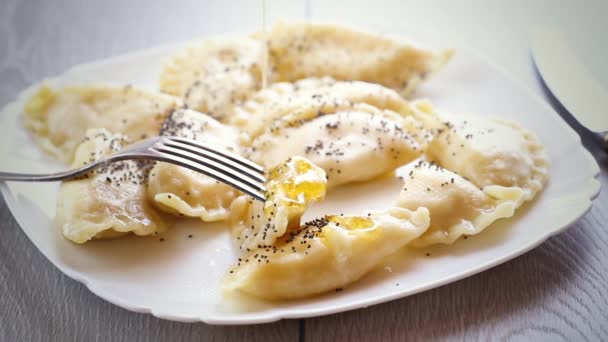 Sweet Cooked Dumplings Cottage Cheese Poppy Seeds Honey Plate Light — Stock Video