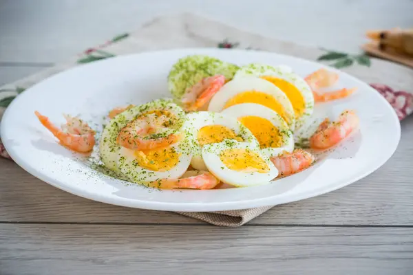 Boiled Eggs Boiled Shrimp Plate Breakfast Wooden Board Royalty Free Stock Images
