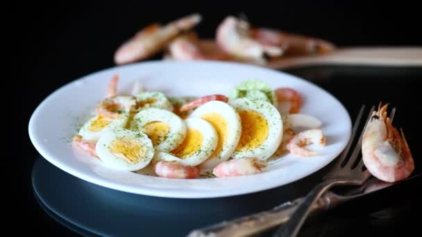 Boiled Eggs Boiled Shrimp Plate Breakfast Isolated Black Background — Stock Video