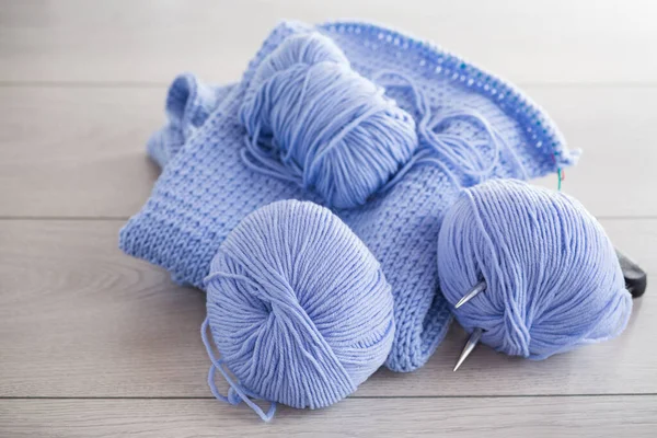 Hand Knitting Kit Blue Yarn Knitting Needles More Light Wooden Royalty Free Stock Photos