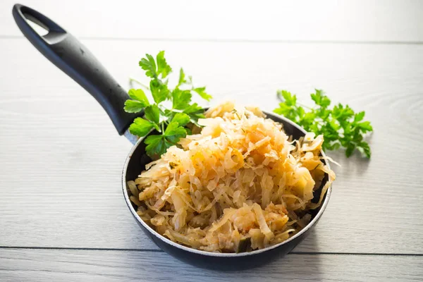 Cabbage Stewed Spices Carrots Frying Pan Light Wooden Table Royalty Free Stock Images