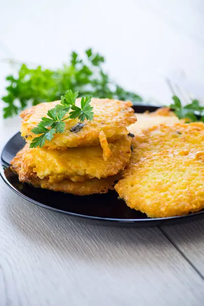 Fried Vegetarian Potato Pancakes Plate Wooden Table Royalty Free Stock Images