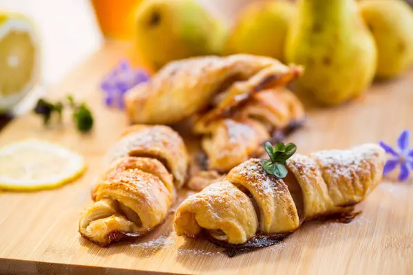 Sweet Pastries Puff Pastries Pears Wooden Table Stock Photo