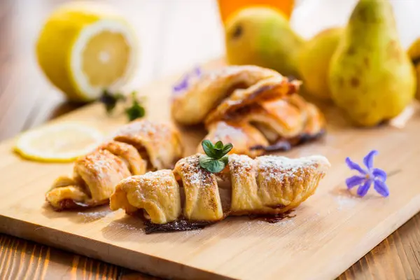 Sweet Pastries Puff Pastries Pears Wooden Table — Stock Photo, Image