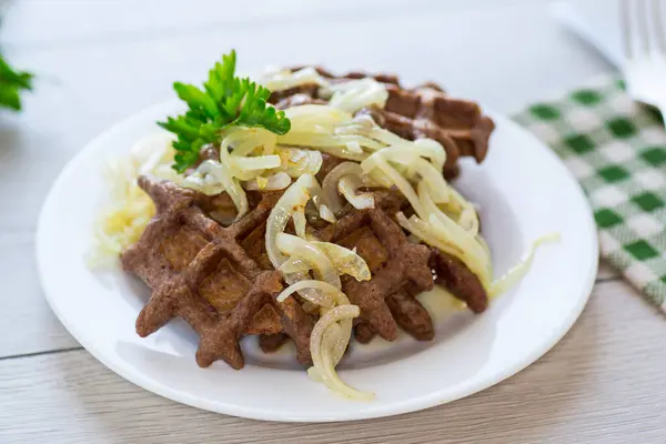 Fried Liver Waffles Onions Herbs Royalty Free Stock Photos