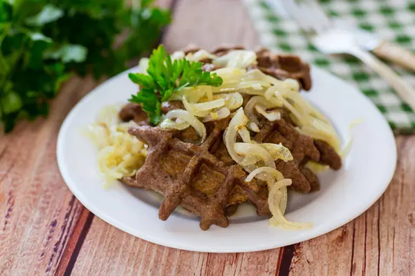 Fried Liver Waffles Onions Herbs Royalty Free Stock Images