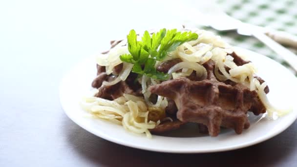 Fried Liver Waffles Onions Herbs — Stock Video