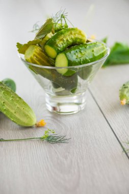 Ev yapımı yemekler, hafif tuzlu salatalıklar ve baharatlar. .