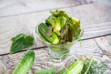 Ev yapımı yemekler, hafif tuzlu salatalıklar ve baharatlar. .