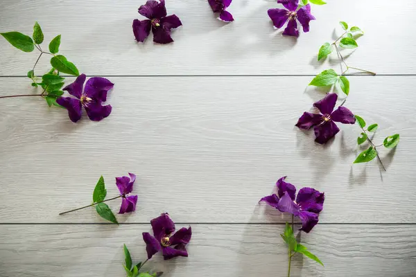 stock image branch of blooming purple clematis, on a light wooden table .