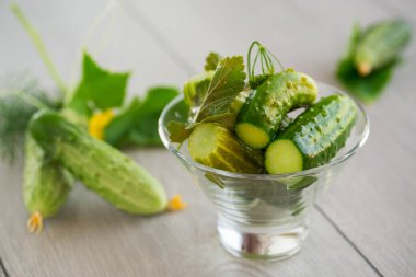 Ev yapımı yemekler, hafif tuzlu salatalıklar ve baharatlar. .