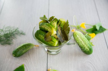 Ev yapımı yemekler, hafif tuzlu salatalıklar ve baharatlar. .