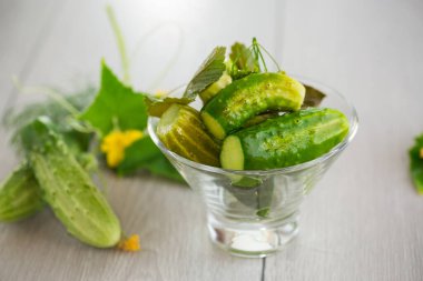 Ev yapımı yemekler, hafif tuzlu salatalıklar ve baharatlar. .