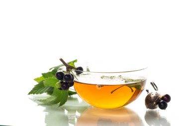 Frenk üzümü yaprağından bitki çayı ve bir fincanda böğürtlen ve beyaz arka planda izole edilmiş bir çaydanlıkta.