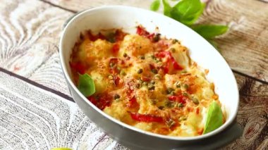 Peynirin altında tatlı biber ve sebzeyle pişirilmiş karnabahar, seramik bir kabın içinde.