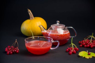 Siyah arka planda izole edilmiş viburnum böğürtlenlerinden besleyici vitamin çayı .