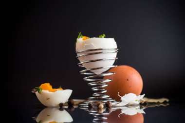 Siyah arka planda izole edilmiş yumurta kabında rafadan yumurta..