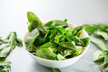 Yukarıdan gelen gri yüzeyde taze nane içeren kompozisyon.