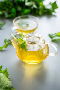 Yukarıdan gelen gri arka planda naneli ve üzümlü bitkisel karışım..