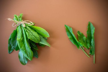 Sağlıklı beslenmek için yeşil kuş yaprakları kahverengi arka planda.