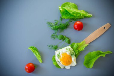 Gri arka planda ahşap spatulada yeşil yumurta..