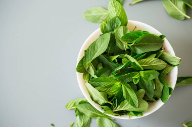 Yukarıdan gelen gri yüzeyde taze nane içeren kompozisyon.