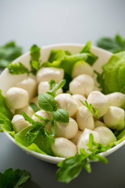 Mozarella, şifalı otlar ve gri mutfak geçmişi olan.