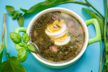 İştah açıcı bahar doru borş mavi bir arka planda izole.