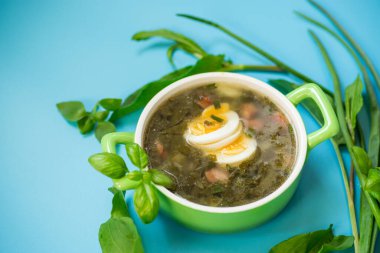 Ev yapımı yeşil borş, üstünde haşlanmış yumurta ve mavi bir zemin üzerinde taze kuş sürüsü..