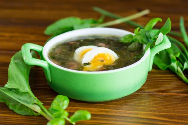 İştah açıcı bahar doru borş koyu ahşap bir masada izole edilmiş..