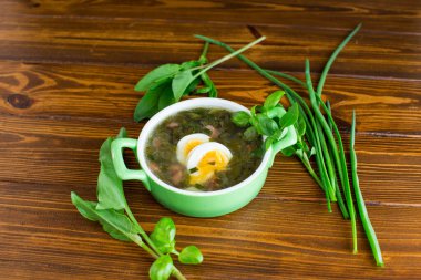 Koyu ahşap bir masa üzerinde yeşil ve yumurtalı Ukrayna çorbası..