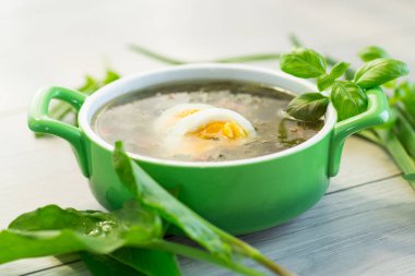 Geleneksel Ukrayna doru borş çorbası. Hafif ahşap masa üzerinde yumurta..