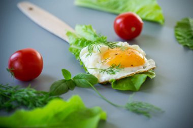 Gri arka planda yağda yumurta ve taze salata yapraklarıyla ev yapımı kahvaltı..