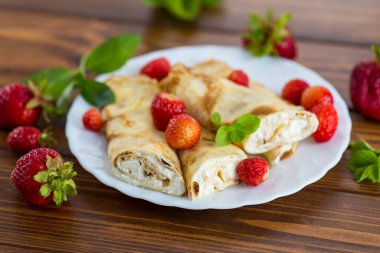 Ahşap bir masada beyaz tabakta süzme peynirli Ukrayna krepleri..