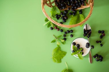 Yeşil yüzeyde doğal böğürtlen yoğurdu..